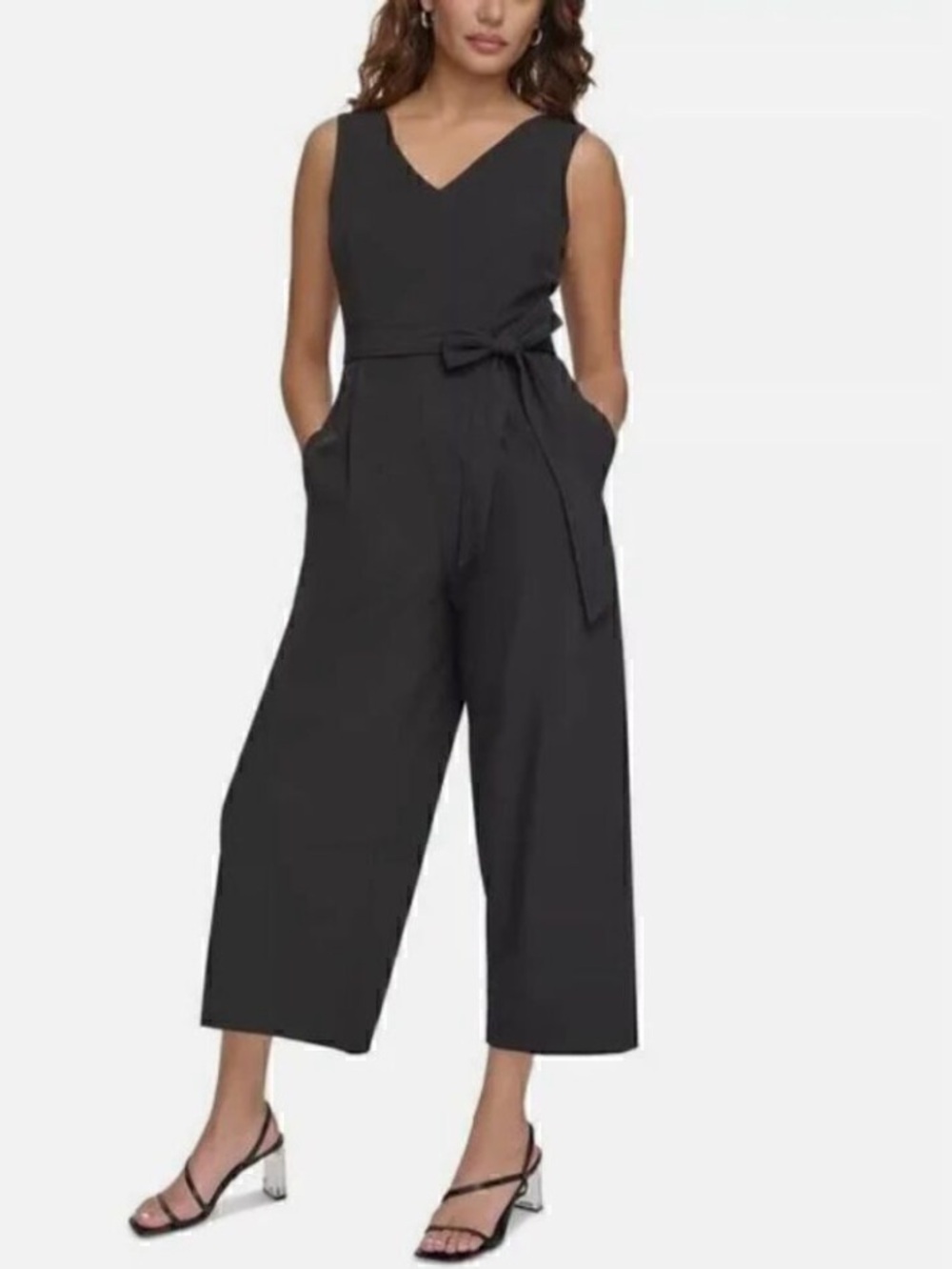 Calvin Klein V-Neck Black Womens‎ Sleeveless Crop Wide Leg Jumpsuit Size 12 NWT